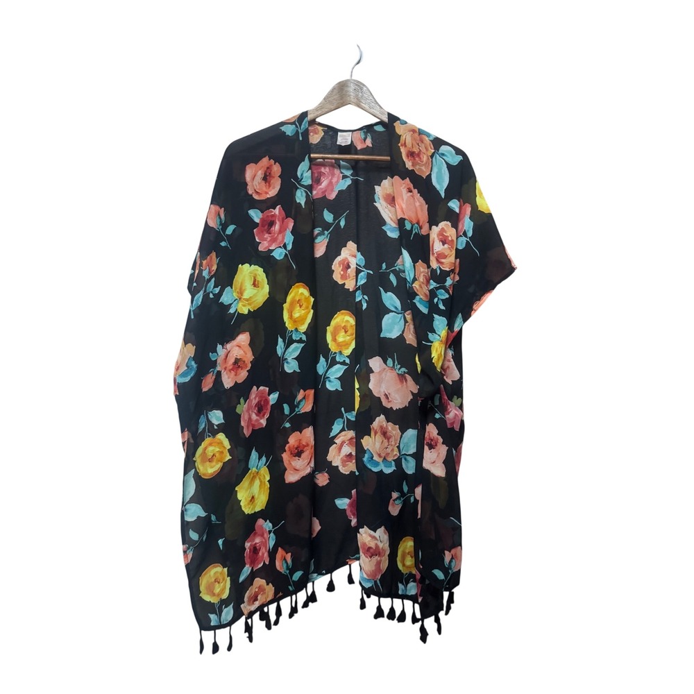 Floral Kimono Women One Size Black Rose Tassel Fringe Sheer Wrap Excellent